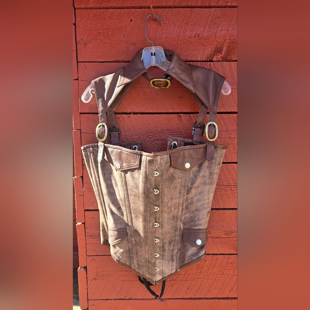 Brown Leather-Accent Corset Top